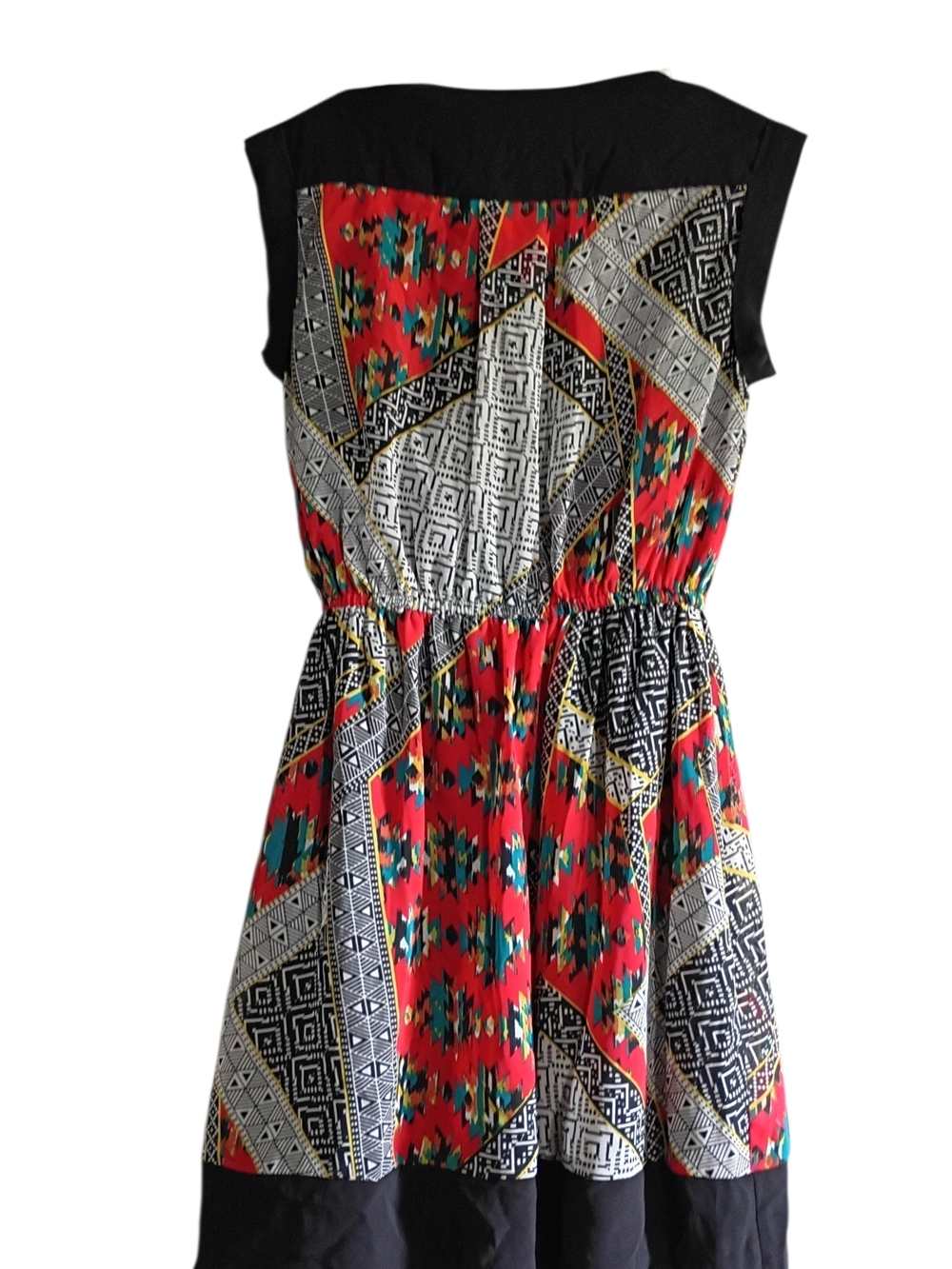 Sleeveless Red Geometric Print V Neck Midi Dress